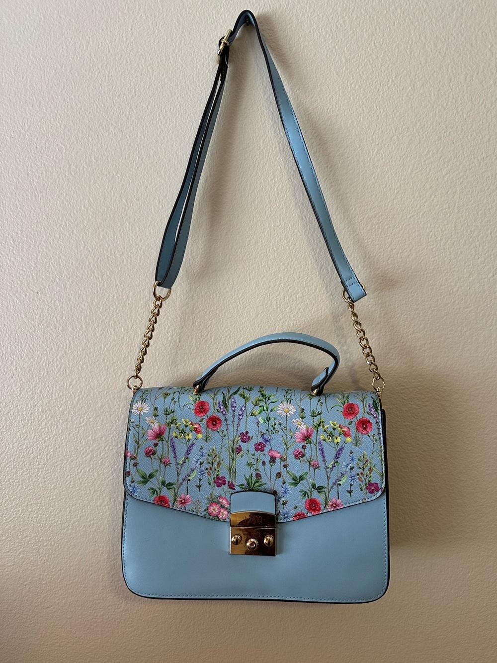 Blue Floral Top-Handle Crossbody Bag - Unbranded